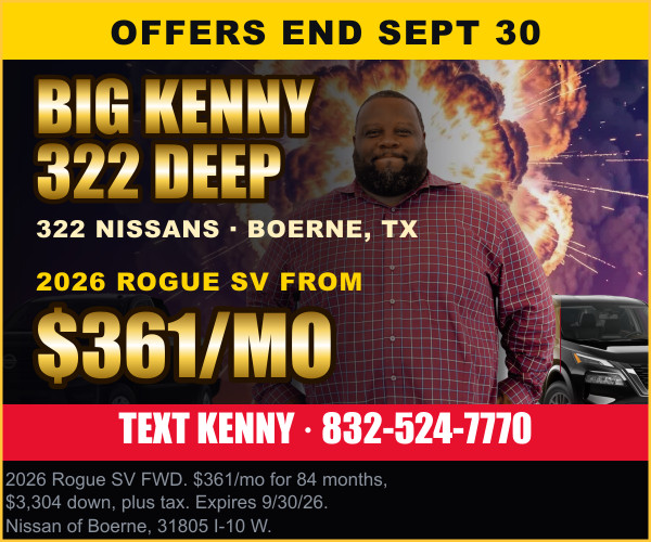Kenny Guiy of Nissan of Boerne in front of a Nissan Rogue with an explosion behind him. 322 Nissans in Boerne, Texas. 2026 Rogue SV from $361 a month. Text Kenny at 832-524-7770. Offers end September 30.