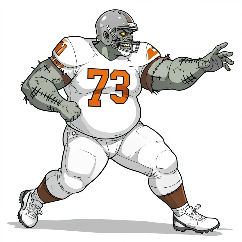 An original anime-style undead lineman in a white jersey numbered 73, grey-green skin and stitched forearms, sliding laterally in a pass-protection stance with one arm punching forward — the emblem for the Pocket Monster Award's offensive tackles.