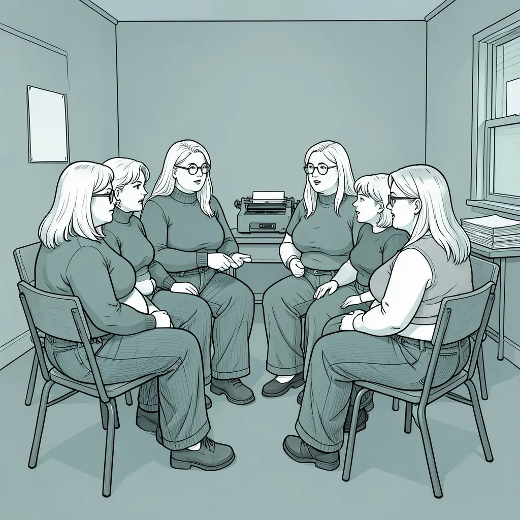 Illustration of a fat liberation organizing meeting in 1973: six white American women, several of them fat, seated in a circle of mismatched chairs in a plain room with a mimeograph machine and a stack of blank leaflets. The whole scene is rendered in cold, desaturated blue-grey.
