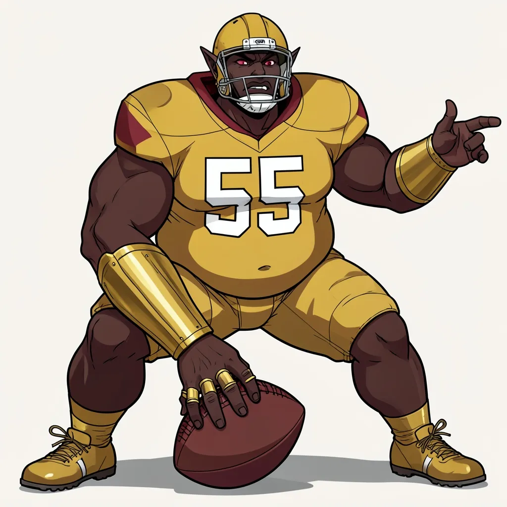 An original anime-style vampire lineman with dark brown skin in a gold jersey numbered 55, pointed ears and fangs, crouched over the football with one hand on the laces and the other arm out calling the protection — the emblem for the Pocket Monster Award's centers.