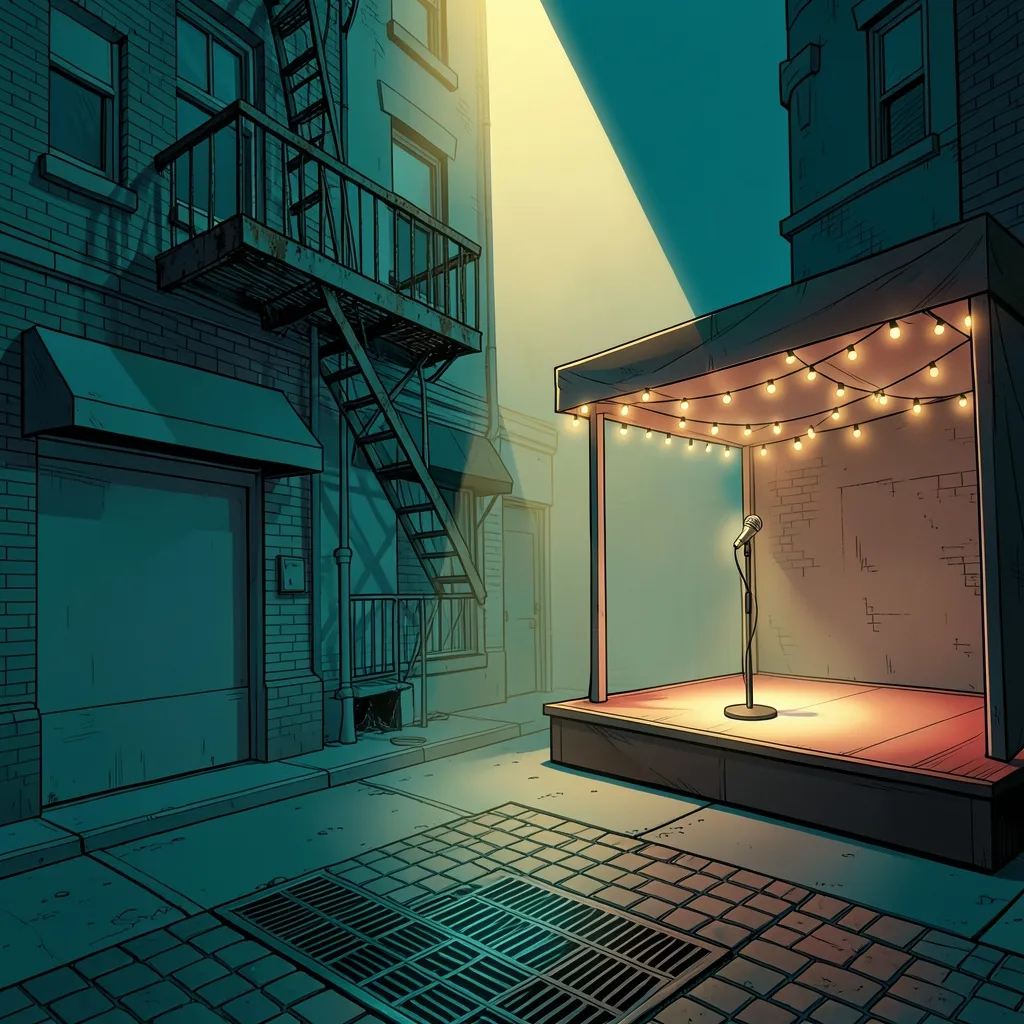 A quiet nighttime New York alley in cool teal tones, a fire escape on a brick building at left, and on the right a small pop-up stage with a lit microphone under a string-light awning, a shaft of warm gold light falling across it.