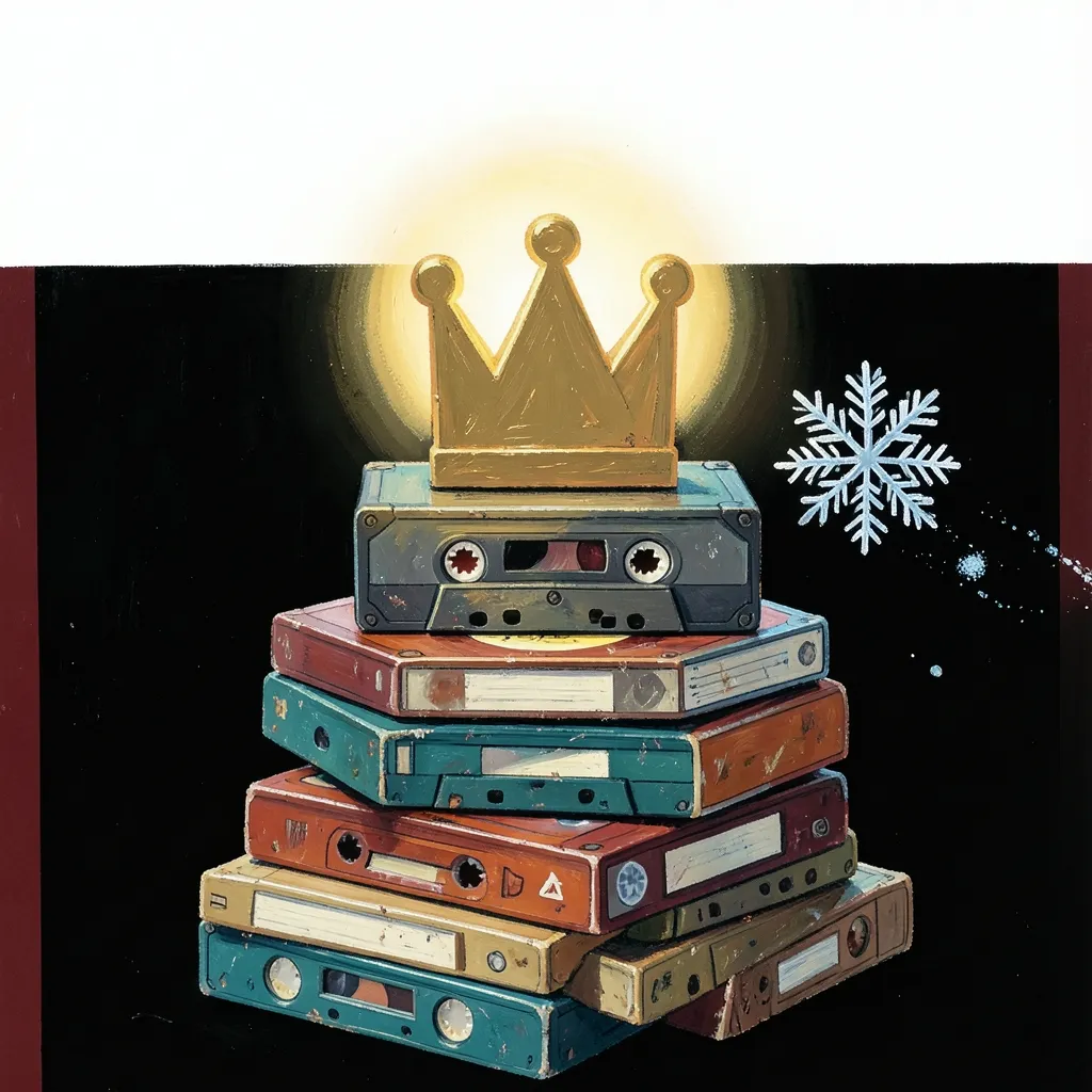 Illustrated editorial artwork of a stack of vintage cassette tapes topped with a glowing golden crown and a stylized snowflake beside it, rendered in bold gouache poster style with black, white, gold, red and teal tones.