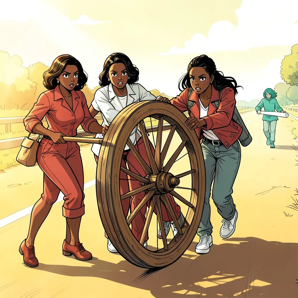 Illustration of three Black women rolling a large wooden wheel down a dirt road together in warm daylight, while behind them a single figure rendered in cold blue hurries along the same road carrying a rolled-up blueprint.