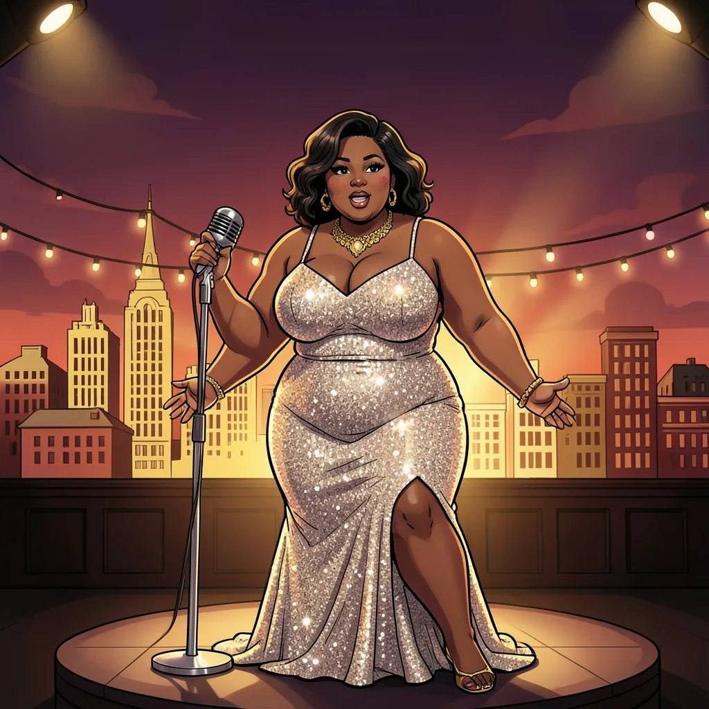 A cel-shaded anime-style illustration of a plus-size Black woman performer in a glittering silver gown, singing into a vintage microphone on a small stage, with a stylized gold-and-red uptown Manhattan skyline glowing behind her at dusk.