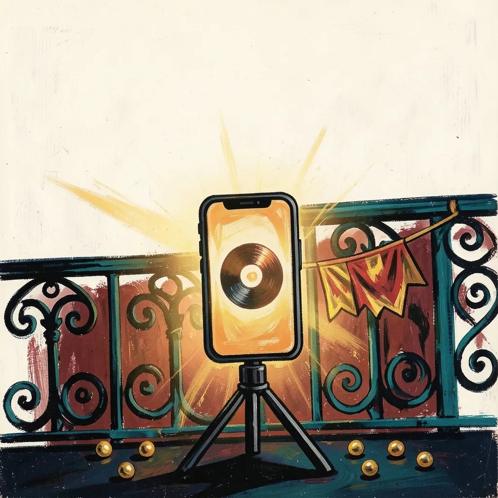 Illustrated editorial artwork of a smartphone glowing mid-recording on a tripod against a New Orleans French Quarter wrought-iron balcony silhouette, with red-and-gold festival bunting and Mardi Gras-style beads, in bold gouache poster style with black, white, gold, red and teal tones. No people or faces are depicted.