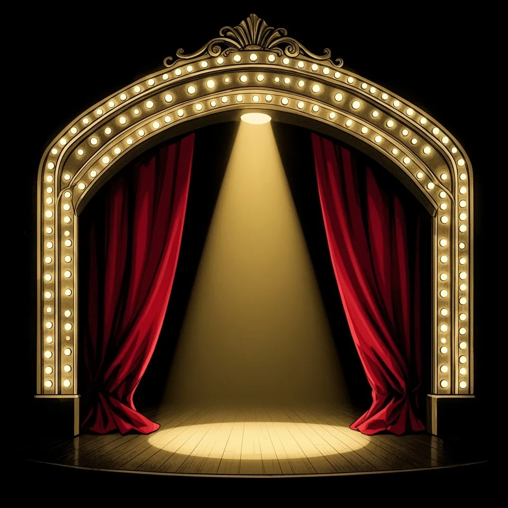 A glowing golden Broadway theater marquee arch studded with warm bulb lights, red velvet stage curtains swept open, and a single golden spotlight beam falling onto an empty wooden stage.