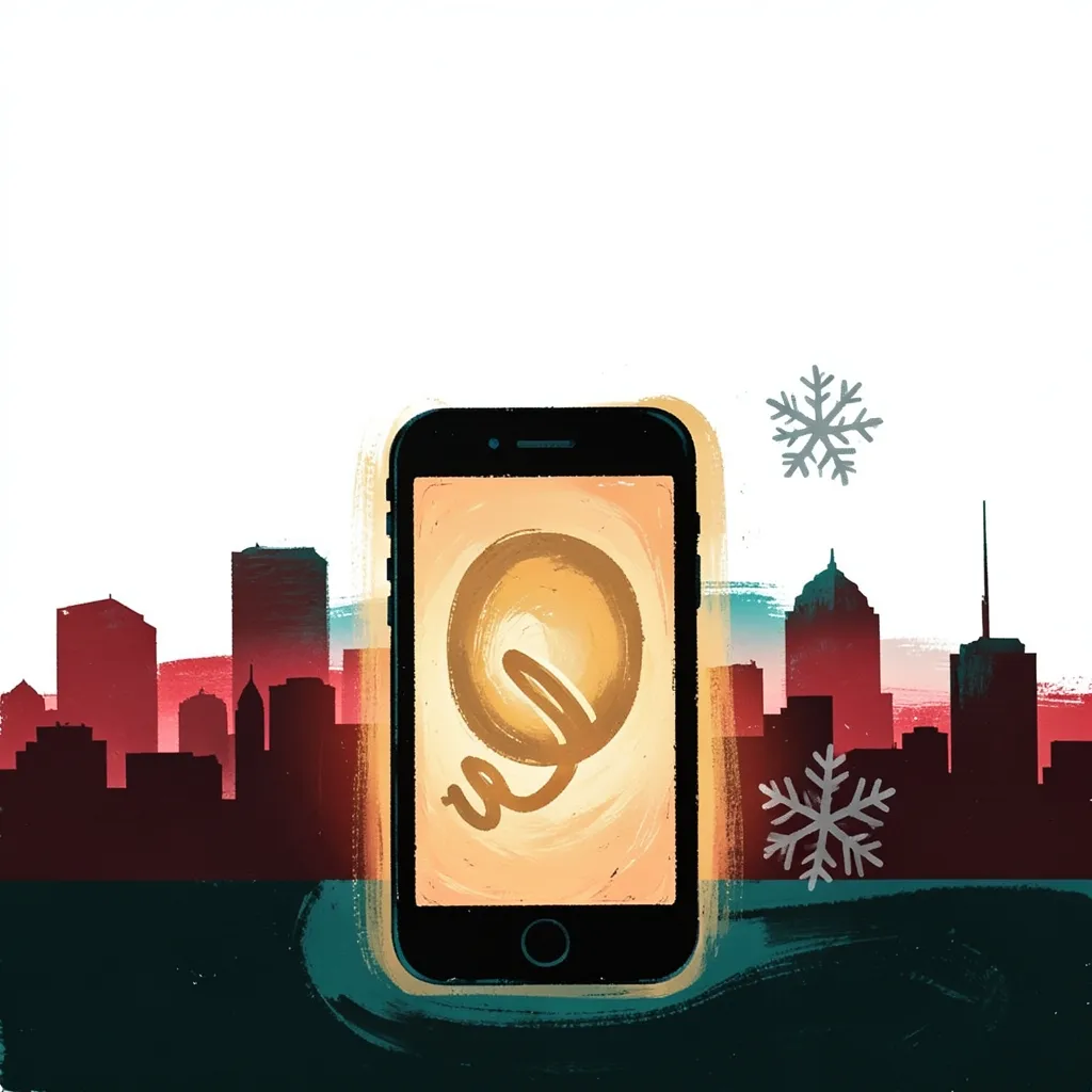 Illustrated editorial artwork of a glowing smartphone displaying an abstract golden swirl icon on its screen, a stylized snowflake drifting nearby, set against a Houston skyline silhouette at dusk, in bold gouache poster style with black, white, gold, red and teal tones.