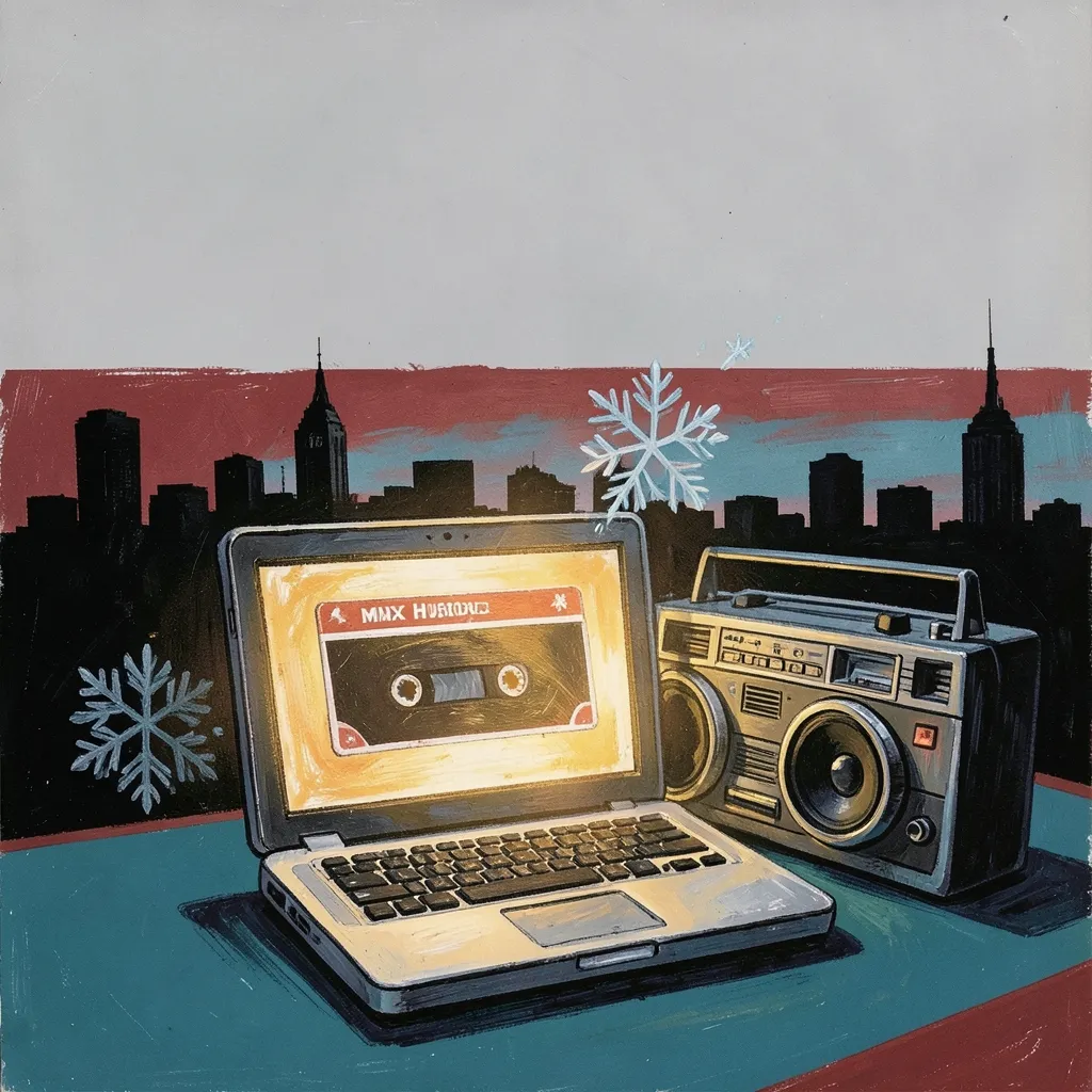 Illustrated editorial artwork of a glowing laptop screen styled like a vintage mixtape cassette label, beside a retro boombox, set against a Houston skyline silhouette at dusk with a stylized snowflake motif, in bold gouache poster style with black, white, gold, red and teal tones.