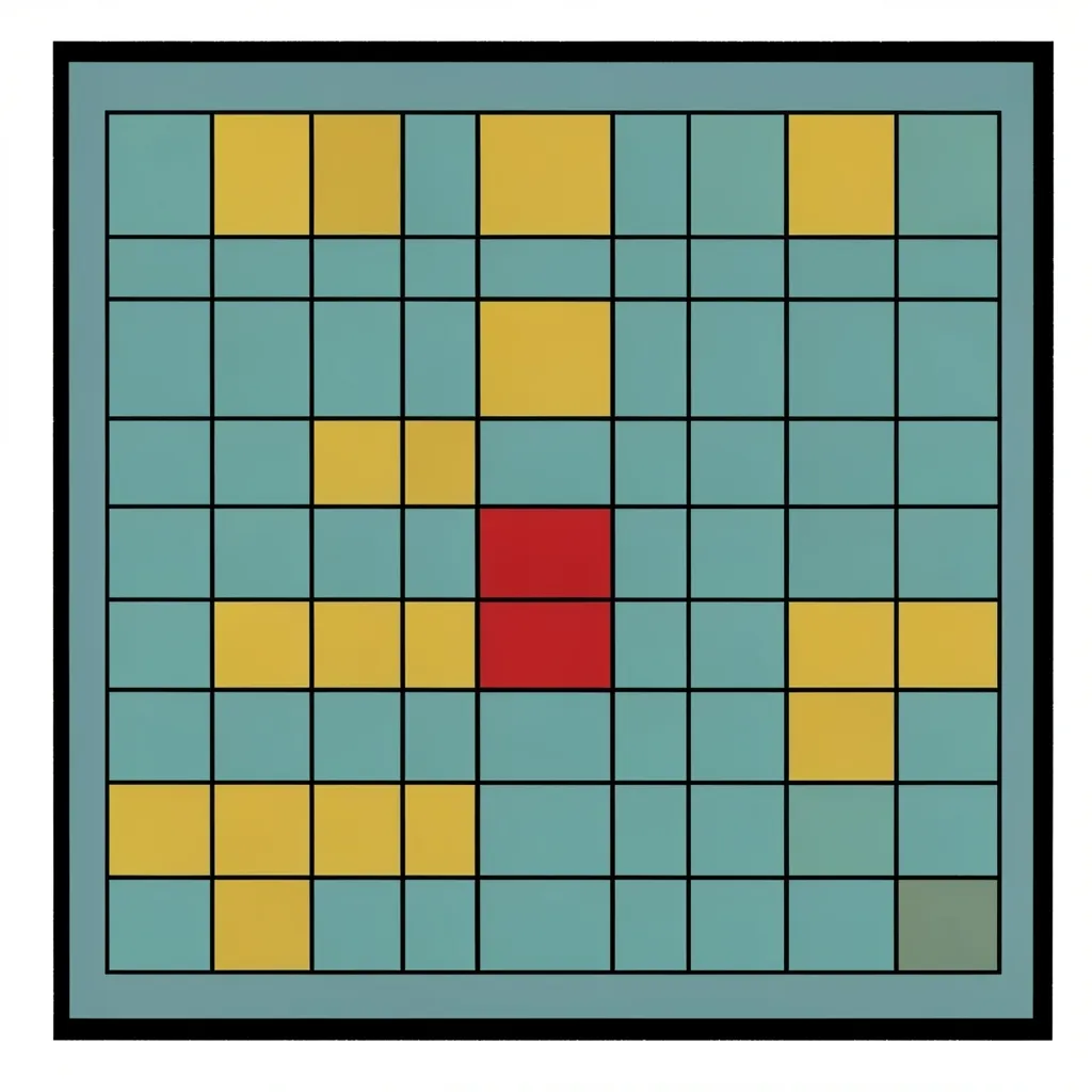 A drawn illustration of a large flat teal wall-planner grid filling the frame. Most cells are empty teal; a scattered handful are filled solid gold and two are filled red, as though a schedule had been blocked out. No numbers or labels appear anywhere.