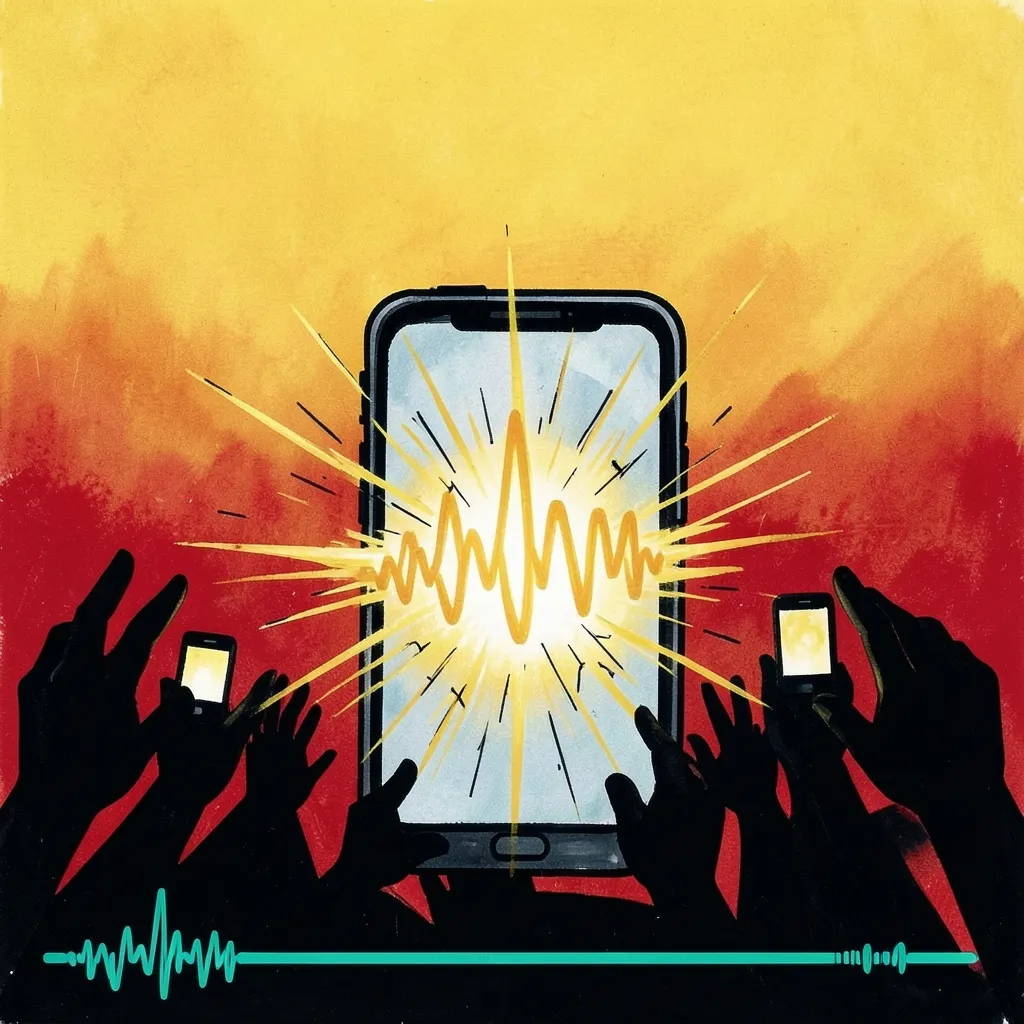 A glowing golden soundwave bursts through the screen of a stylized smartphone above a crowd of raised, anonymous silhouette hands holding up glowing phone screens, set against a warm gold-to-red sky, with a teal waveform line along the bottom edge.