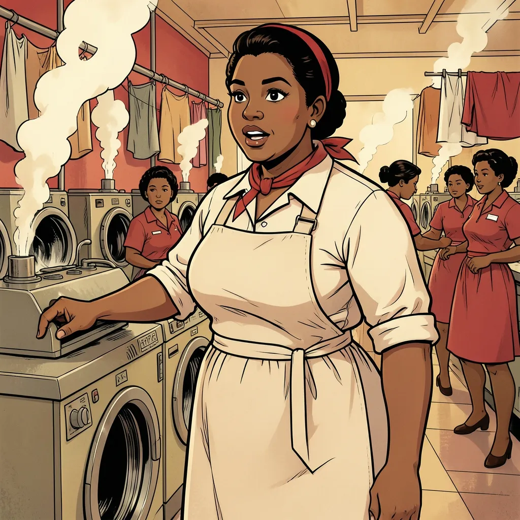 Illustrated portrait of Johnnie Tillmon as a union shop steward on the floor of a commercial laundry around 1960 - a Black woman in a work dress and apron, one hand resting on a machine, speaking for the women working the line behind her.