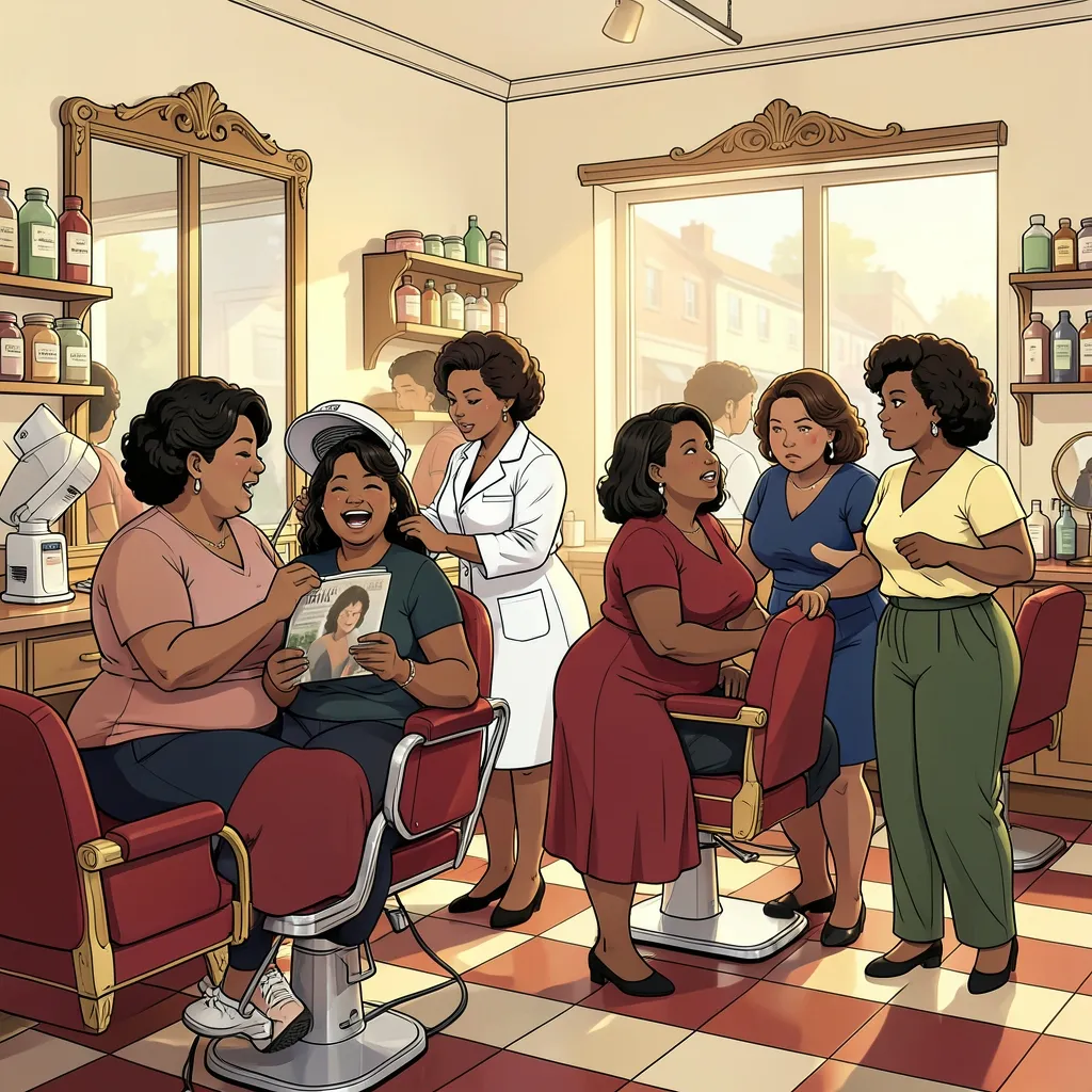 Illustration of a busy Black-owned beauty shop in mid-century America: several Black women of different ages and sizes talking at once - one under a hooded dryer, one in the chair being attended by a beautician in a white smock, one laughing, one watching the room with her arms folded and no expression at all.