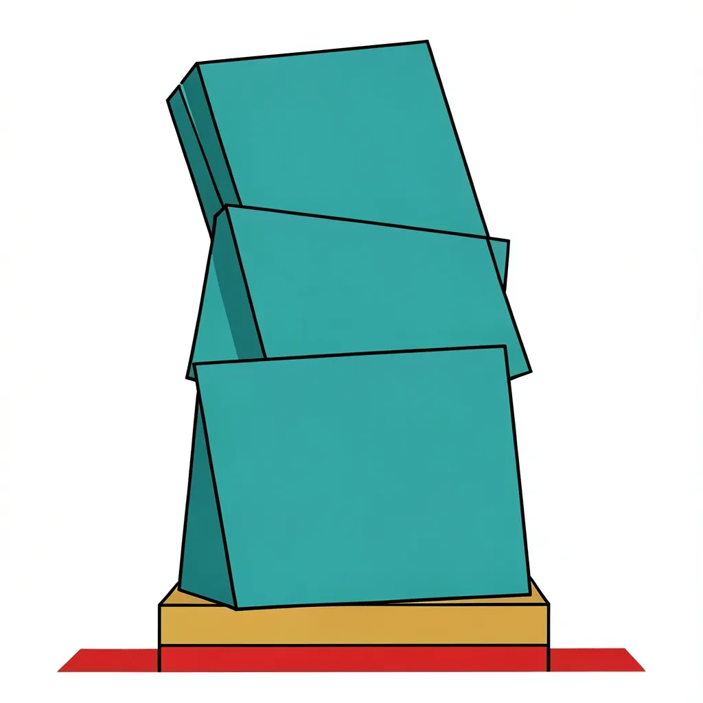 A drawn illustration of three large flat teal slabs stacked and leaning against each other, filling most of the frame. The whole stack rests on a small gold base, which in turn sits on a single thin red line running along the bottom. Every slab is blank and no text appears anywhere.