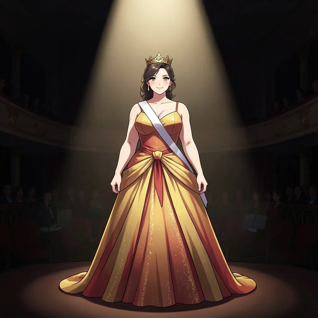 An illustrated plus-size woman in a gold-and-red gown, wearing a crown and a plain sash, standing under a spotlight on a pageant stage with an audience visible in silhouette.