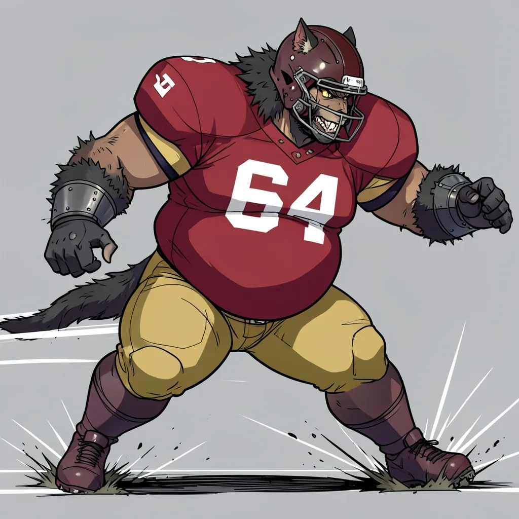 An original anime-style werewolf lineman in a deep red jersey numbered 64, wolf snout past the facemask and fur along the forearms, pulling laterally out of his stance with speed lines behind him — the emblem for the Pocket Monster Award's guards.