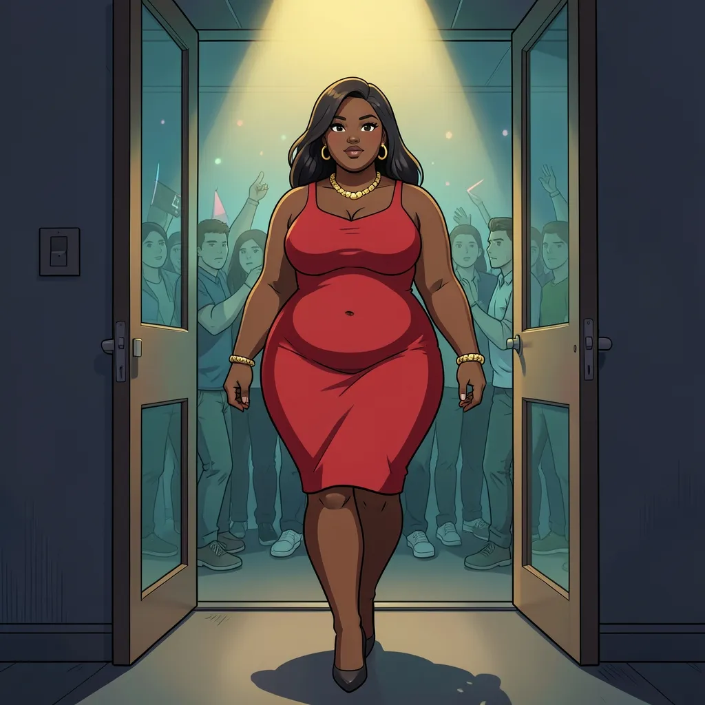 Illustration of a fat Black woman in a fitted red dress and gold jewellery stepping through the doors of a crowded club, lit by a warm spotlight from above while the crowd behind her is rendered in cold blue. Her chin is up and her expression asks nobody’s agreement.