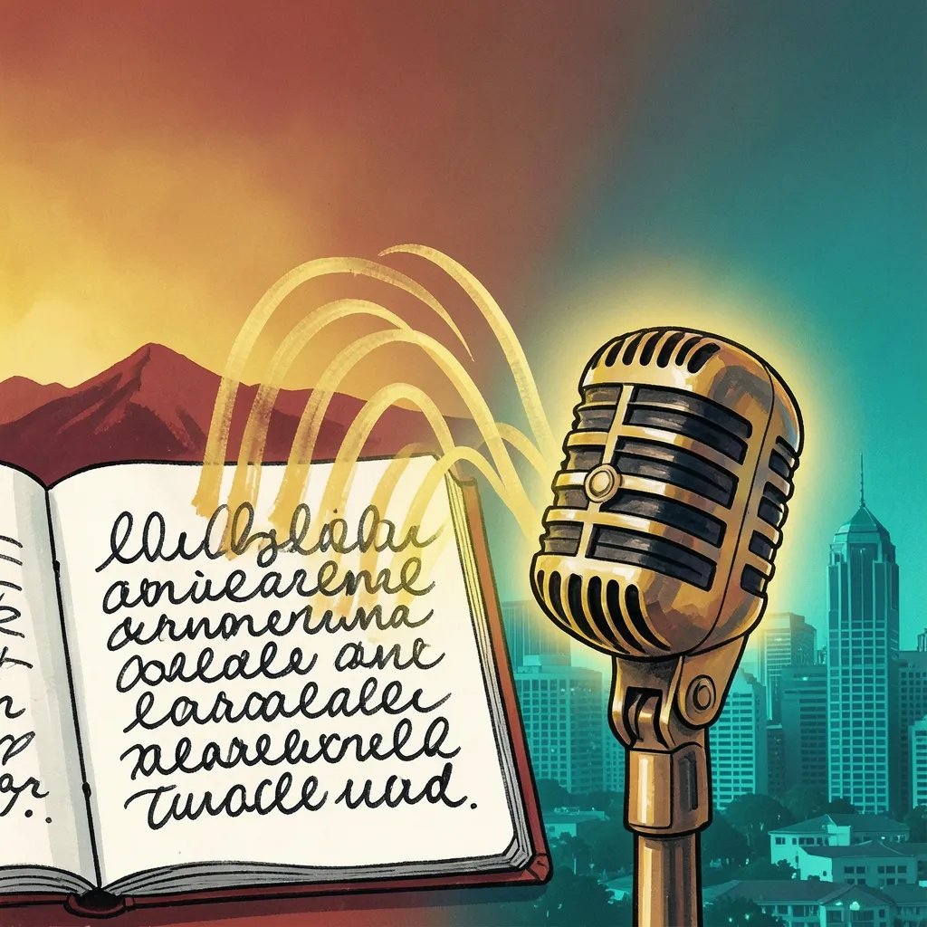 An open notebook filled with abstract scribbled handwriting marks dissolves into rising golden soundwaves that form a glowing microphone, set against a skyline transitioning from a warm red-and-gold mountain silhouette on the left to a teal neon city skyline on the right.