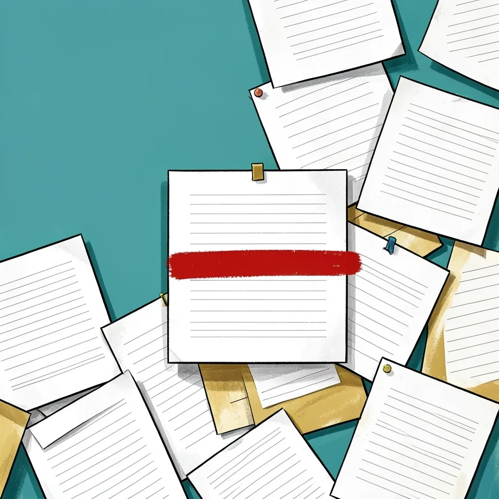 A drawn illustration of a teal wall covered with overlapping pinned sheets of paper. The sheets carry only faint grey ruled lines instead of words. On the sheet at the centre, a single thick red highlighter stroke runs across one line.