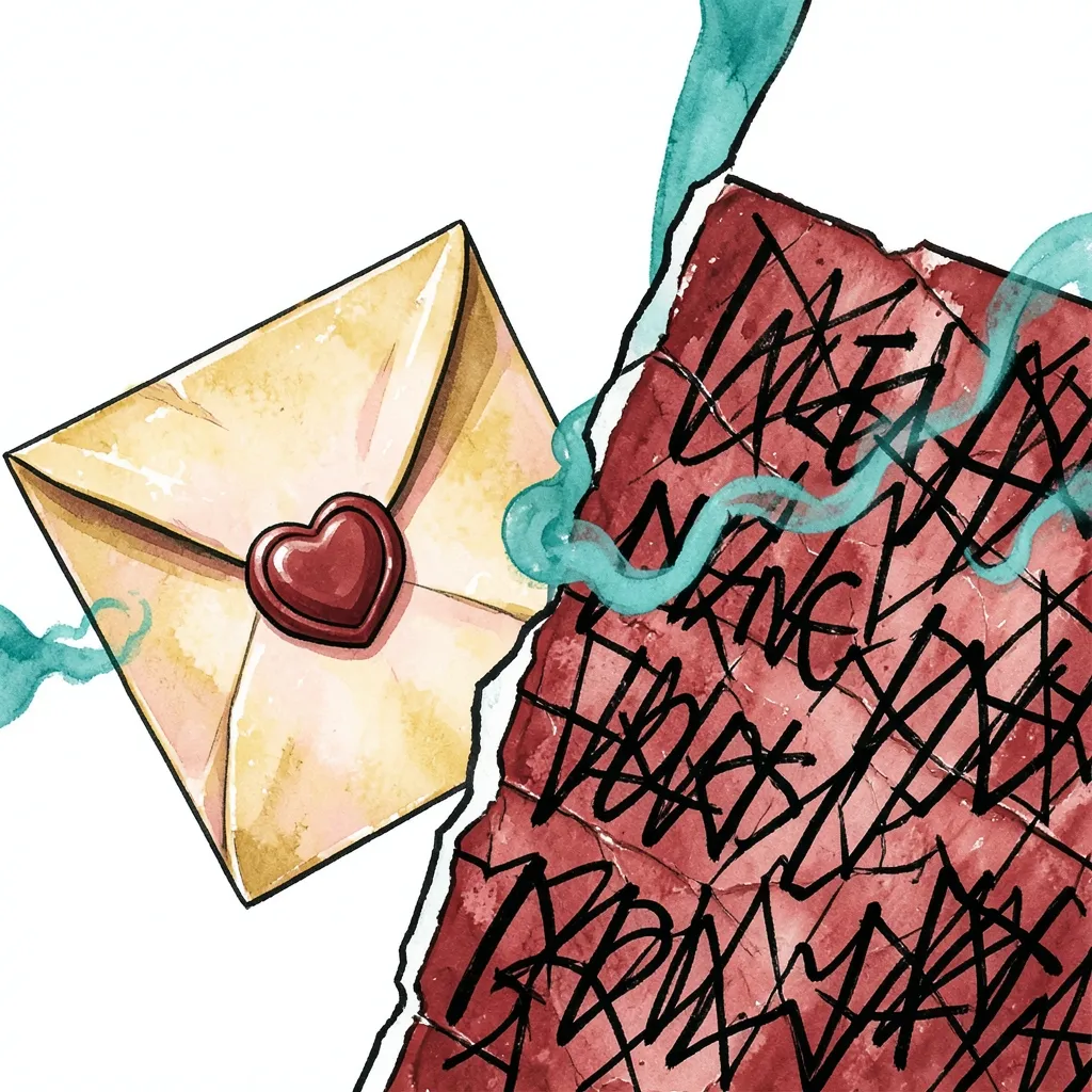 A folded love letter sealed with a red heart-shaped wax seal sits beside a torn sheet of paper covered in aggressive, illegible scribble marks, the two halves tearing into each other along a jagged diagonal seam, linked by a ribbon of teal smoke.