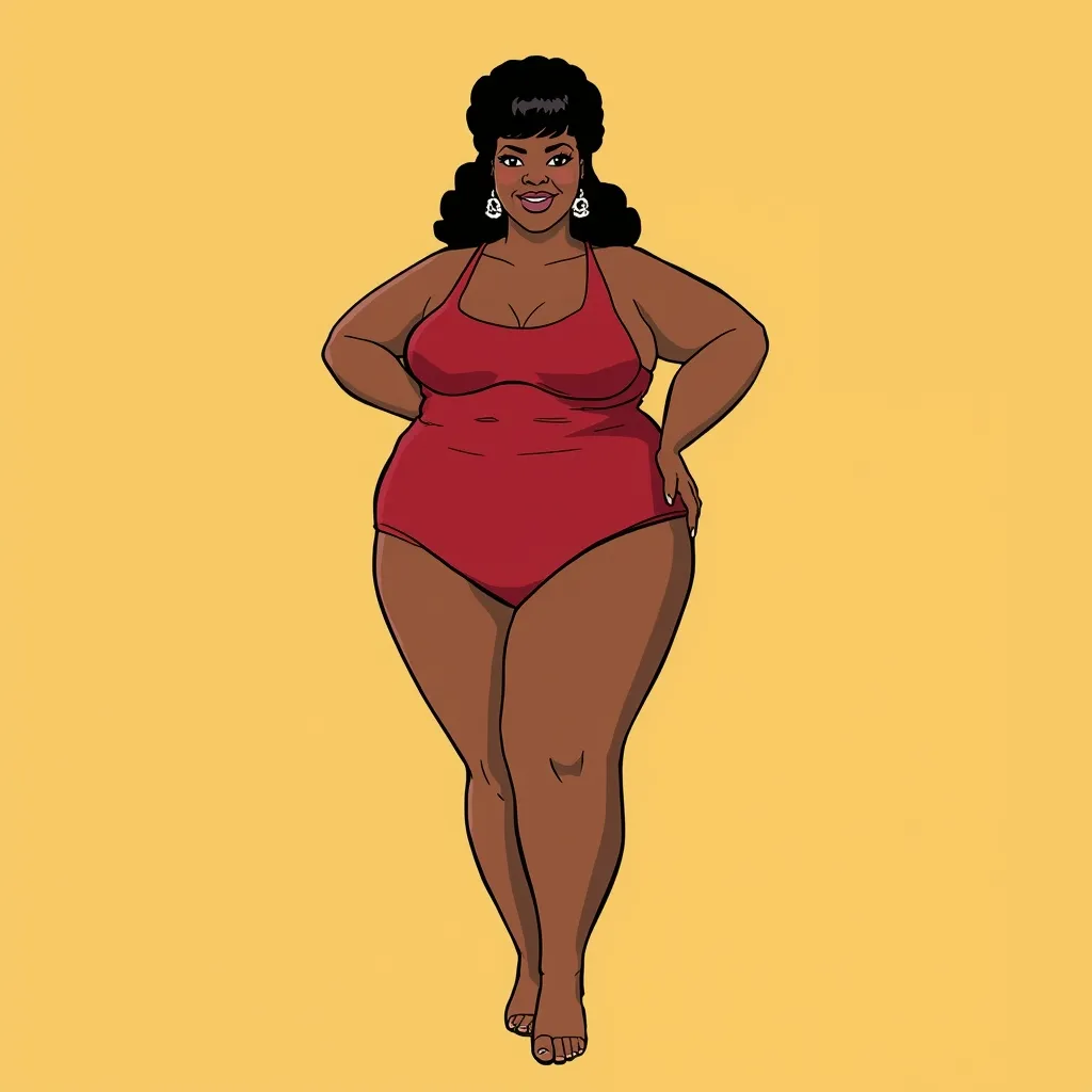 Illustration in the manner of a 1960s Black lifestyle magazine’s weekly beauty feature: a fat Black woman in a modest red one-piece swimsuit stands against a gold studio backdrop, one hand on her hip, smiling directly at the viewer with complete self-possession.