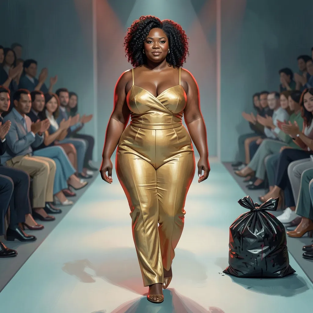A painterly editorial illustration of a plus-size Black fashion model with deep dark brown skin and voluminous natural curls, walking a runway toward the viewer in a tailored gold jumpsuit under warm gold and red stage light; a discarded, spray-paint-stained black garbage bag sits off to one side of the runway in cold teal tones, with a blurred seated audience in the background. The figure is a generic, invented illustration, not a depiction of Liris Crosse or any other real named individual.