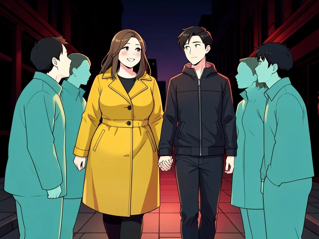 An anime-style illustration of a couple walking hand in hand along a city street at dusk - a plus-size woman in a gold coat beside a slimmer man in a dark jacket, both smiling - while flat teal silhouetted onlookers around them turn to stare and lean together as if murmuring.