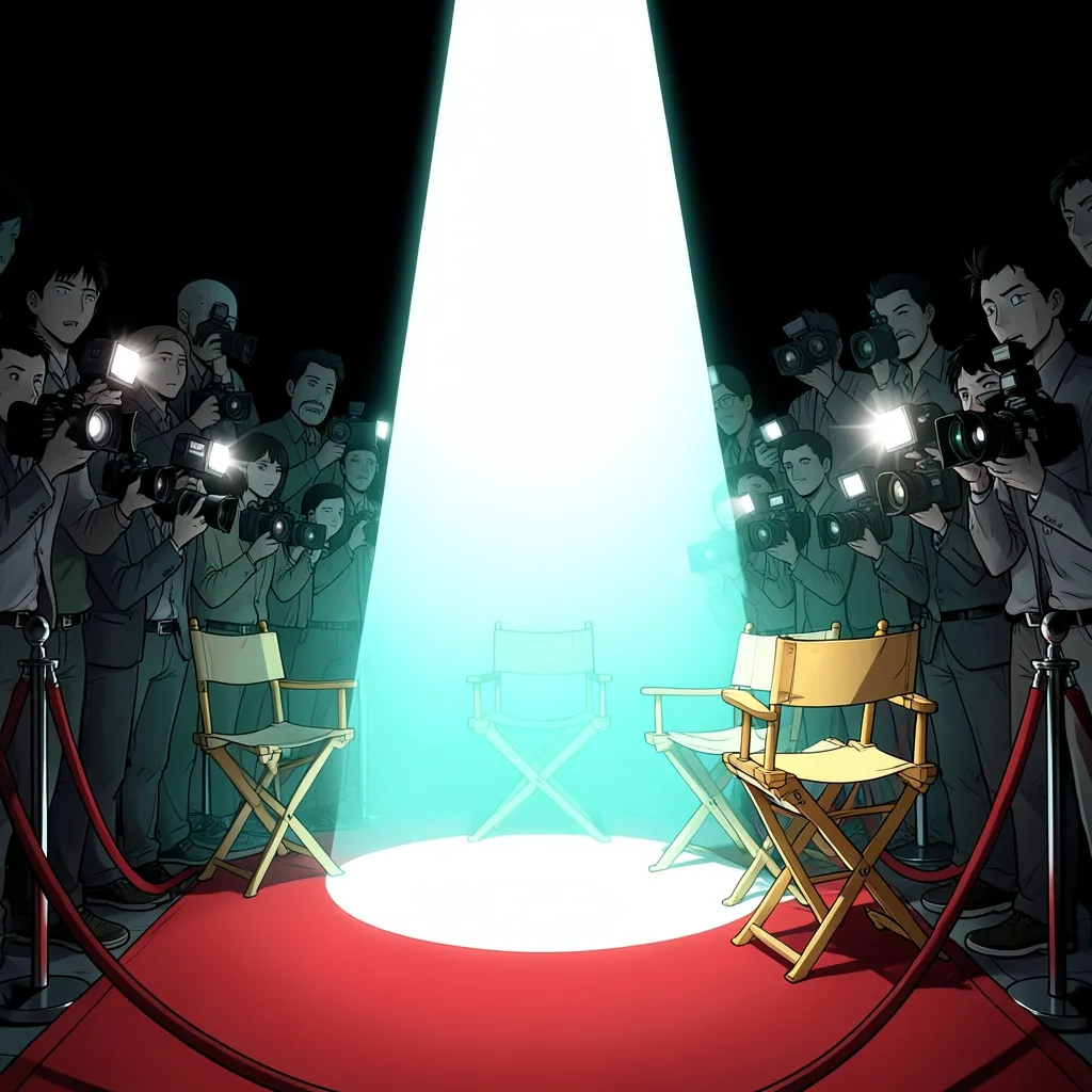 Illustration of a red carpet with two empty director’s chairs and an empty spotlight falling on nobody, ringed by a wall of press photographers with their flashes firing at the vacant space.