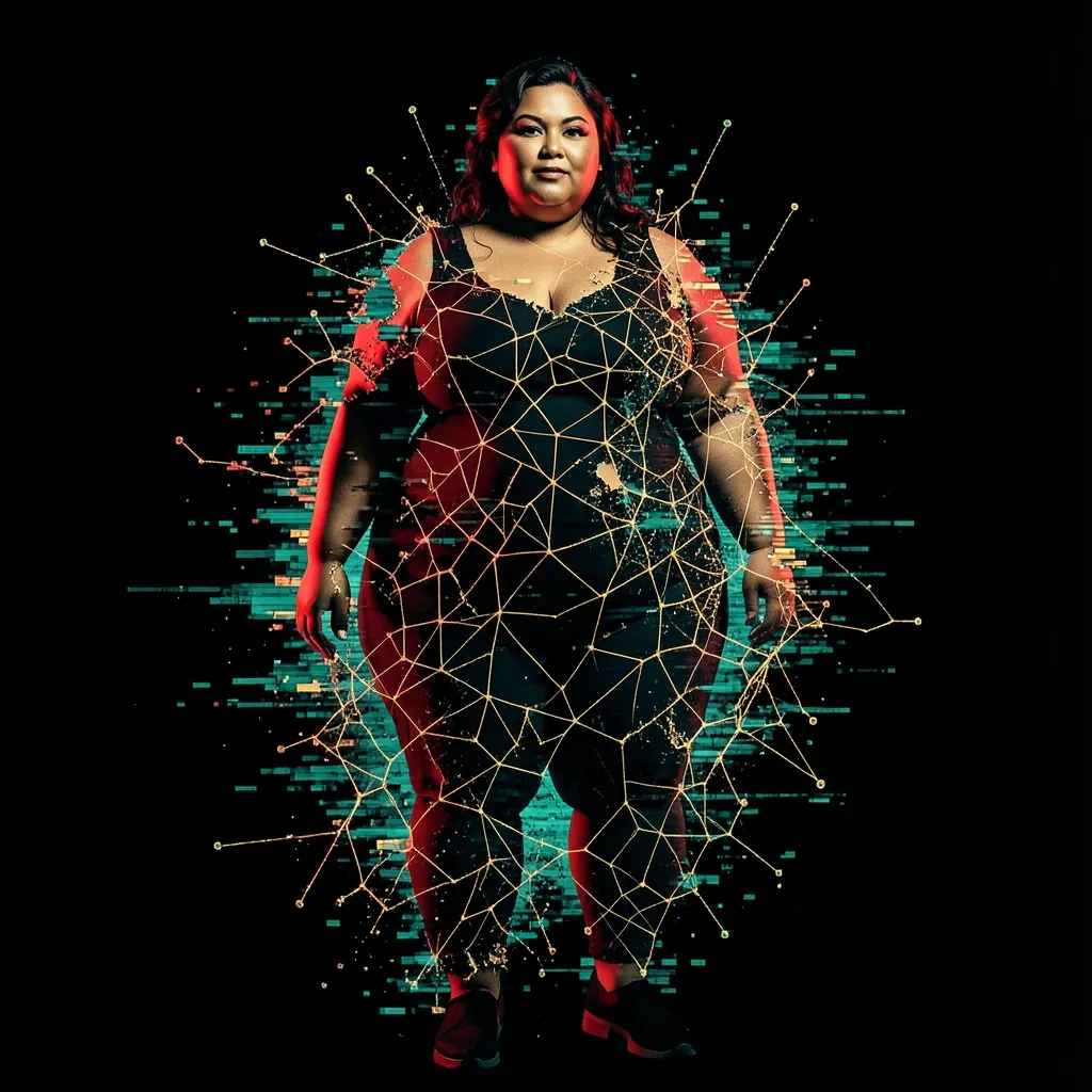 A confident plus-size woman in a black dress stands against a black background, wrapped in a glowing gold neural-network lattice that fragments into red and teal data static at its edges — as if an algorithm is straining to fully render her.