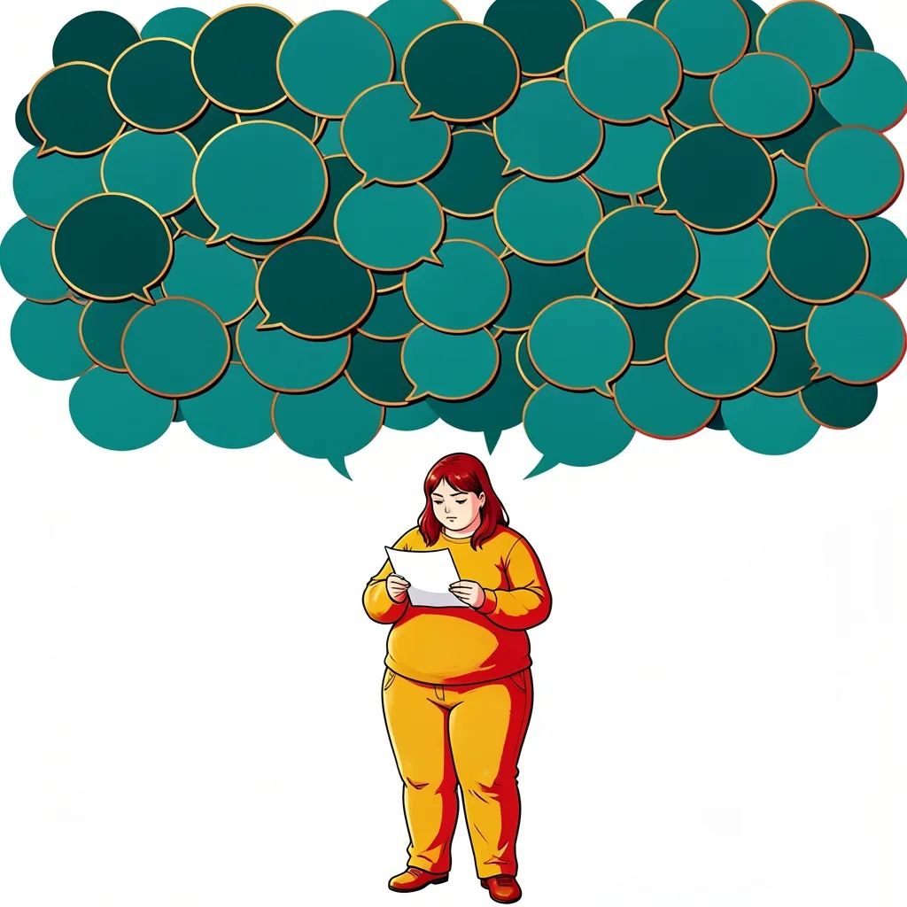 A drawn illustration of a dense cloud of overlapping teal speech bubbles filling the top of the frame, all of them empty. Below, a plus-size woman in a gold and red outfit stands full-length, calmly reading a single sheet of paper.