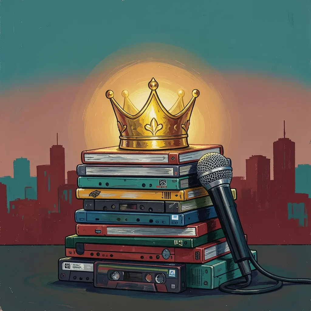 Illustrated editorial artwork of a glowing golden crown resting atop a stack of vinyl records and cassette tapes, with a handheld microphone leaning against the stack, set against a generic city skyline silhouette at dusk, in bold gouache poster style with black, white, gold, red and teal tones. No people are depicted.