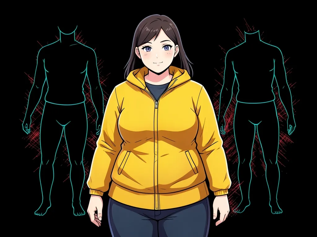 An anime-style illustration of a plus-size woman in a gold hooded jacket standing calmly at the centre of a black frame, flanked by flat teal wireframe outlines of much narrower bodies that fray into red static at the edges.