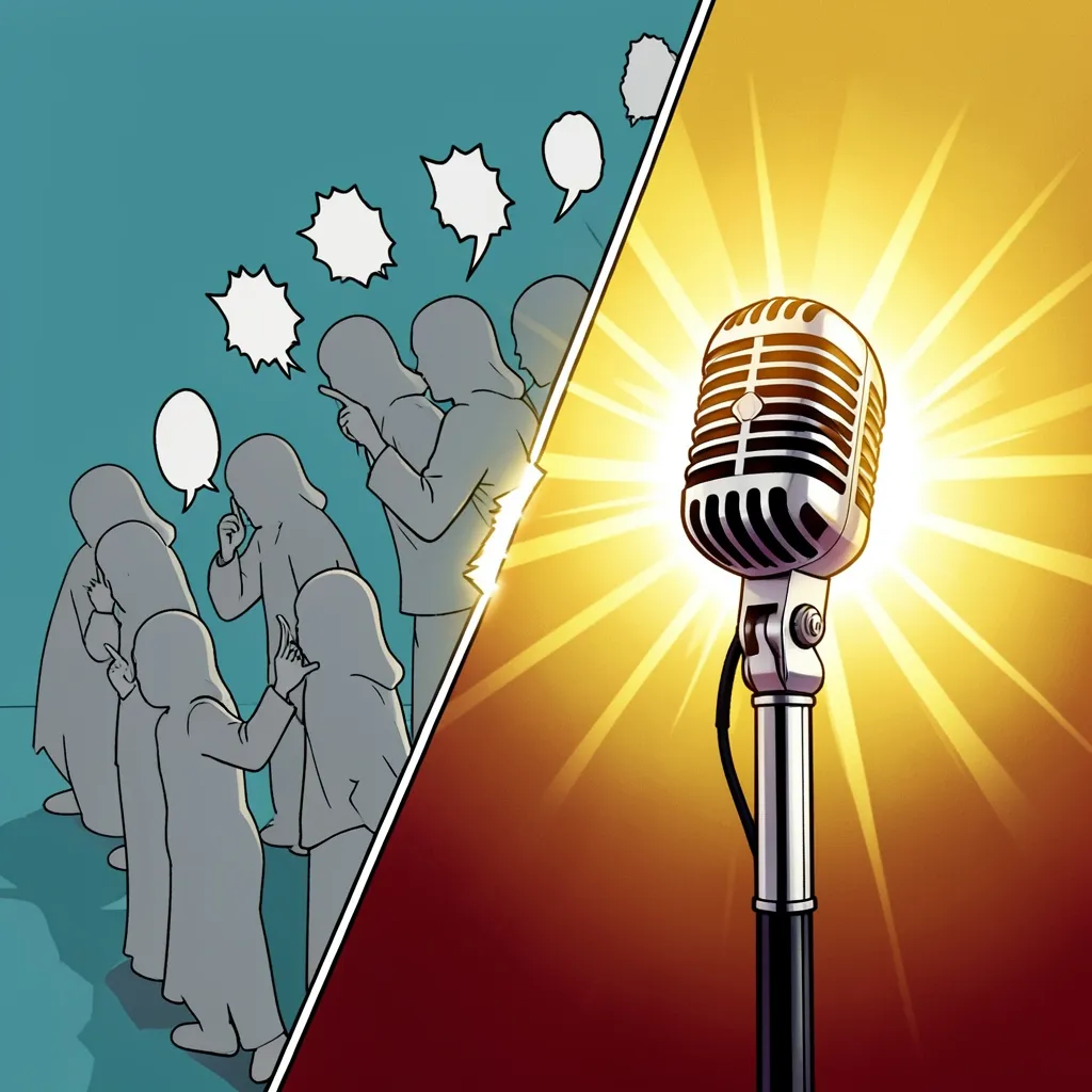 A split illustration: on the cold teal left, faceless grey silhouettes whisper and point with blank speech bubbles; on the warm gold-and-red right, a single glowing vintage microphone radiates light, breaking across the diagonal seam like a sunrise.