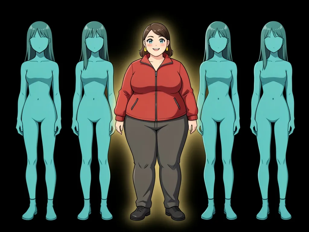 An anime-style illustration of five full-body figures in a row against black. Four are near-identical slim women drawn flat in cold teal with blank expressions, like repeated template output; the fifth, at the centre, is a fully clothed plus-size woman in a red jacket and gold earrings, drawn with warmth, detail and a smile, lit by a gold glow.