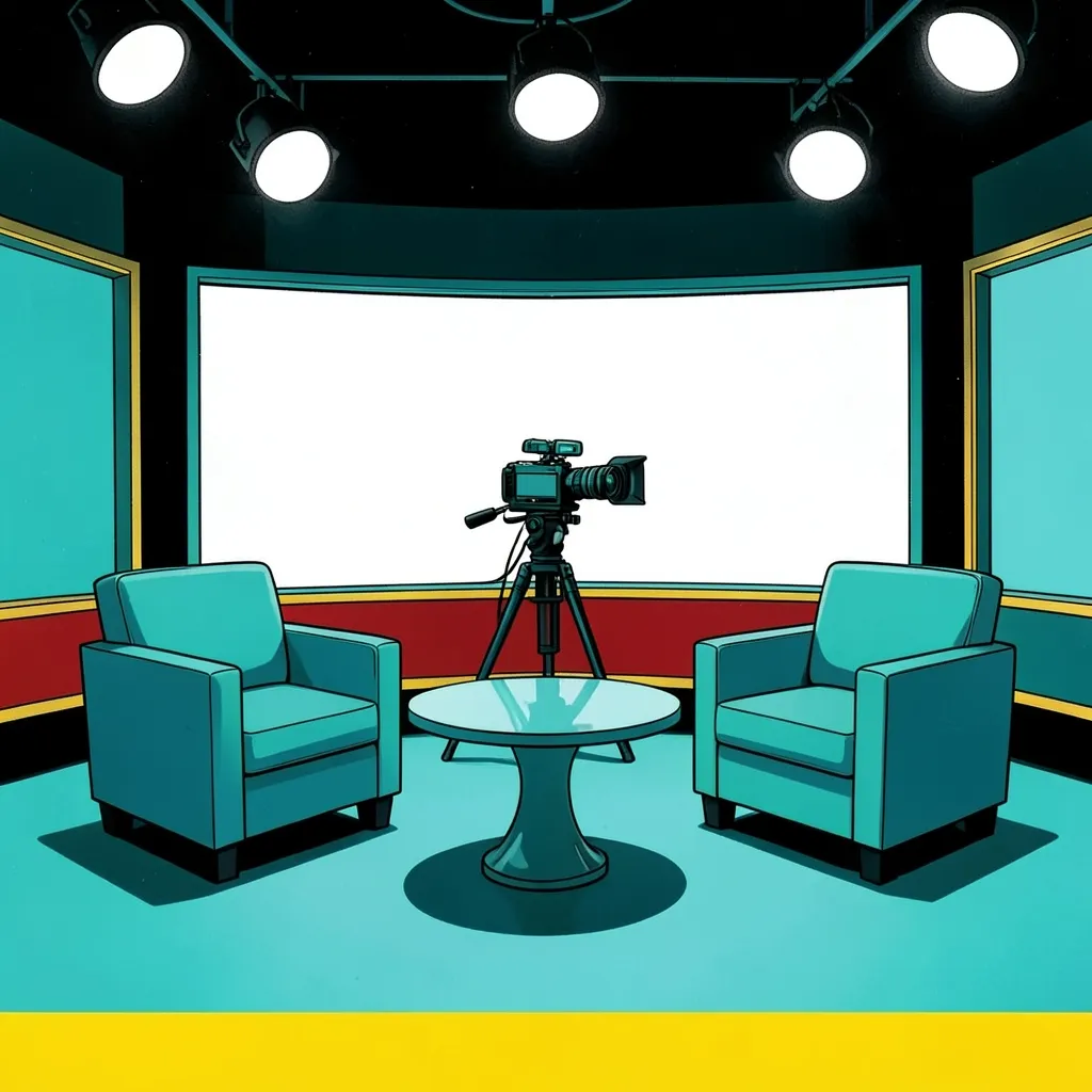 A drawn illustration of an empty daytime television talk-show set in flat teal — two facing armchairs, a small round table, a camera on a tripod, studio lights overhead, and a blank white screen behind. Nobody is sitting in the chairs. A plain gold band runs along the bottom edge of the frame.