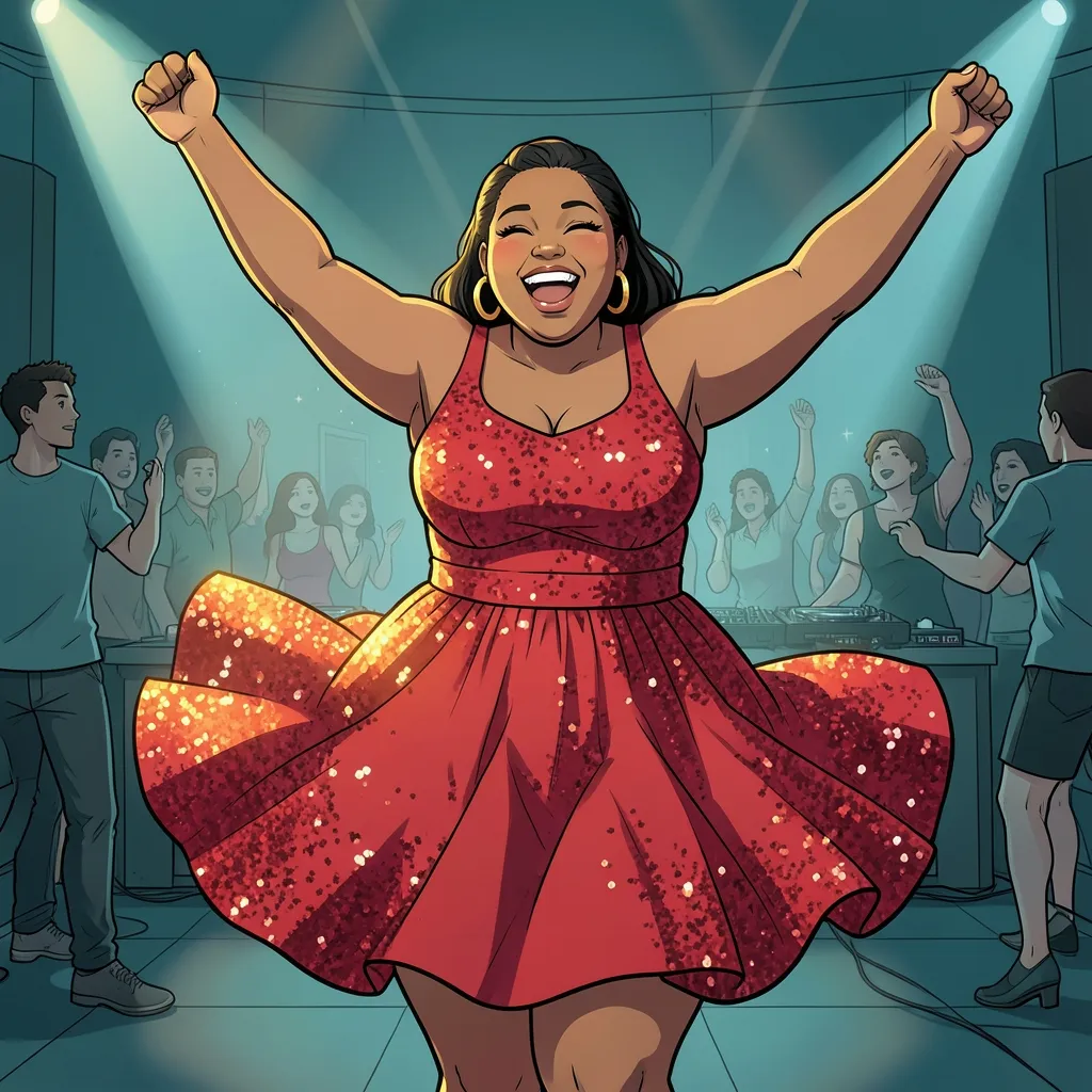 Illustrated poster for the party: a joyful plus-size woman in a red sequined dress dancing with her arms raised under club lights, drawn in a cel-shaded cartoon style, with a teal-lit crowd and DJ booth behind her.