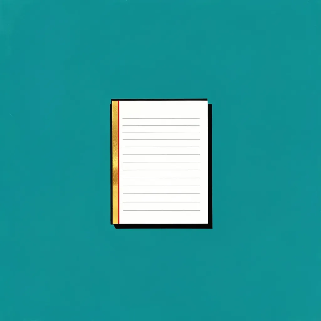 A drawn illustration of one sheet of ruled white paper alone in the middle of a wide flat teal field, a gold band and a thin red rule running down its left edge. The ruled lines are blank grey strokes carrying no words.