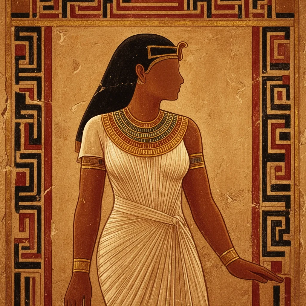 A stylized profile illustration of a fuller-bodied Egyptian royal woman in a gold beaded collar and pleated white linen gown, rendered in the style of Amarna-period tomb painting, her face turned away and unlit so she reads as a historical archetype rather than a specific likeness, framed by an ochre-and-red geometric border.