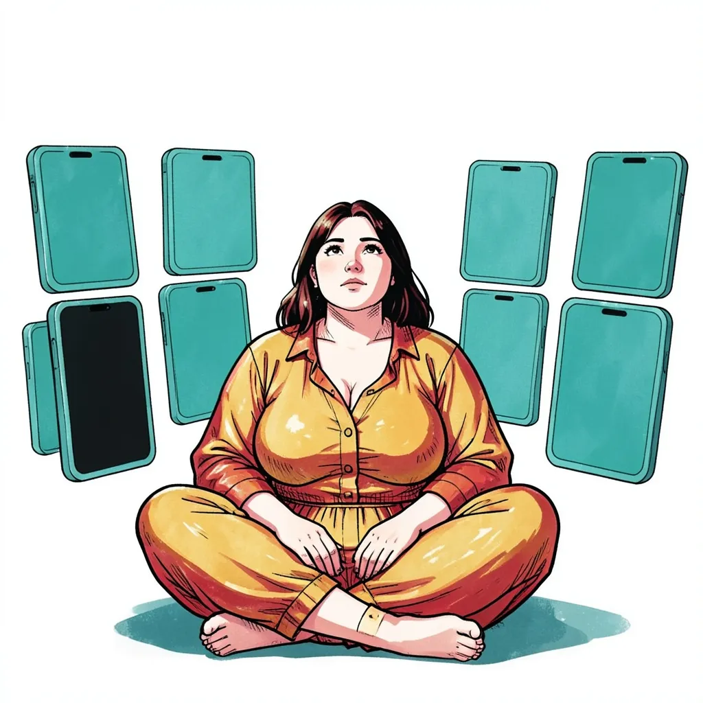A drawn illustration of a plus-size woman sitting cross-legged on the floor in a gold and red jumpsuit, rendered warmly with an expressive face, looking up at ten flat teal phone screens floating in a grid around her. Every screen is blank.