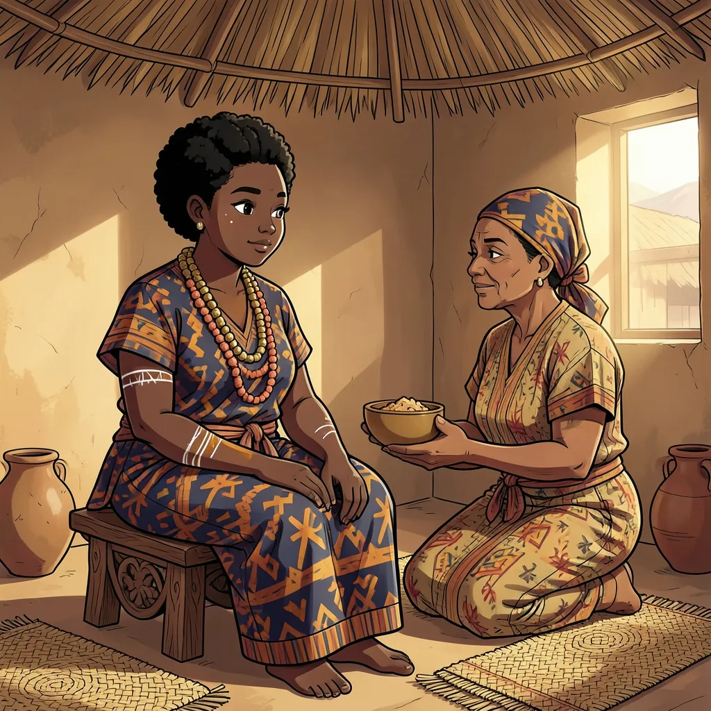 Illustration of a scene among the Annang people of southeastern Nigeria: a young West African woman in an indigo and ochre wrapper cloth and layered coral beads sits on a low carved stool inside a mud-walled, thatch-roofed room while an older woman in a matching wrapper and headtie kneels beside her offering a calabash bowl of food.