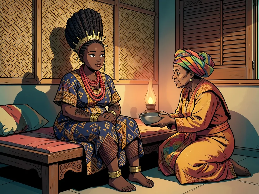 An anime-style illustration of a full-figured young Efik woman seated on a low carved bed in a lamp-lit room of her family compound during the nkuho seclusion. Her hair is dressed in the tall, sculptural Etenge style pinned with brass combs, and she wears strands of coral-red beads at her throat, stacked brass bangles and anklets, and a patterned indigo-and-ochre wrapper, with fine dark patterning painted along her arms and legs. An older woman in a bright headwrap kneels beside her offering a covered bowl, against woven raffia wall panels and a carved shutter.