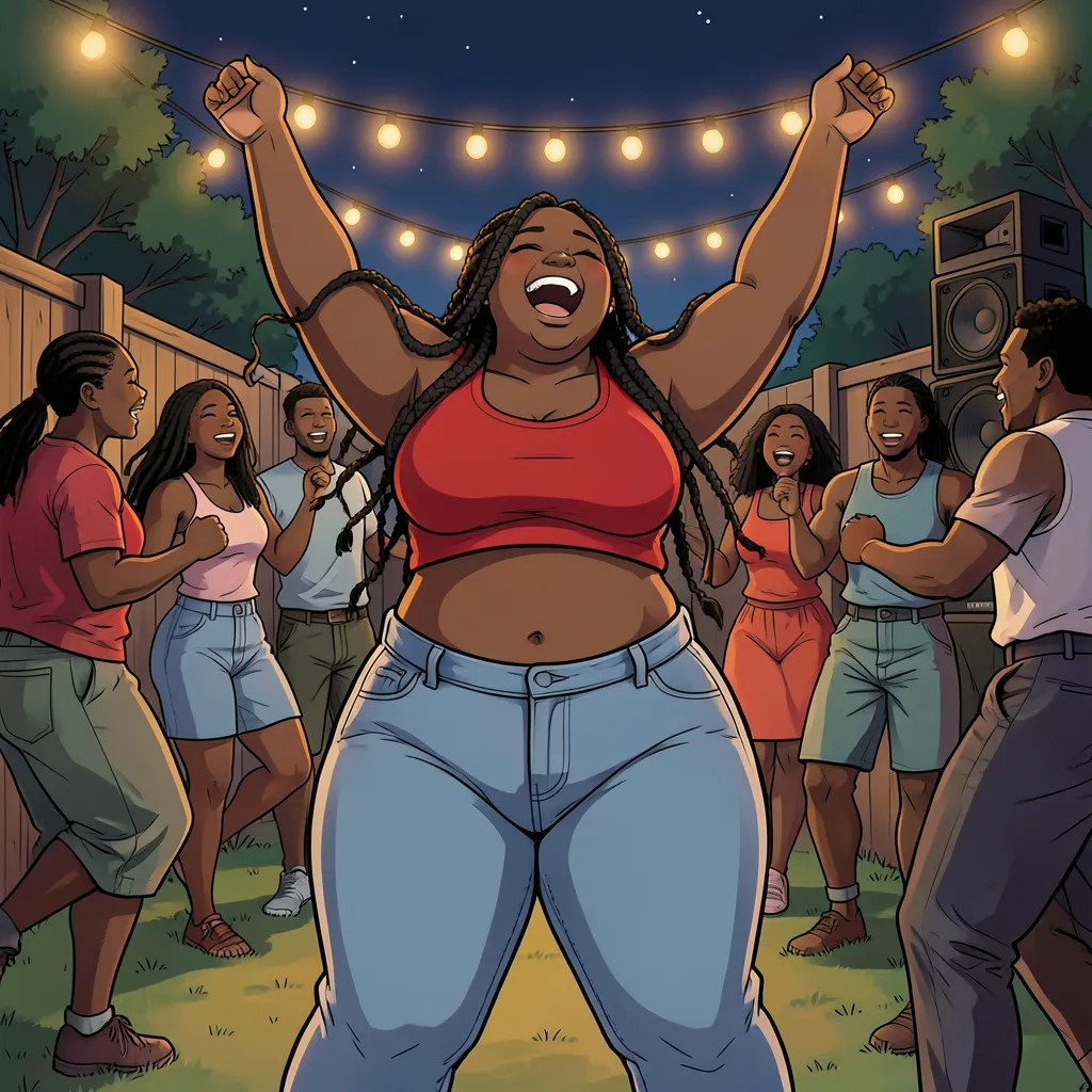 Illustration of a fat Black woman with long braids dancing at a backyard party at night, arms raised and head thrown back laughing, surrounded by other Black people dancing under strings of warm lights beside a speaker stack.