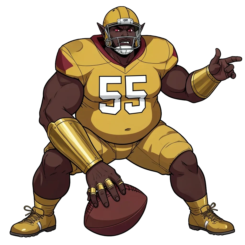 An original anime-style vampire lineman with dark brown skin in a gold jersey numbered 55, pointed ears and fangs, crouched over the football with one hand on the laces and the other arm out calling the protection.