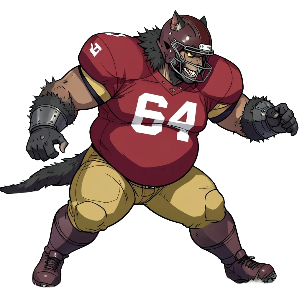 An original anime-style werewolf lineman in a deep red jersey numbered 64, wolf snout past the facemask and fur along the forearms, pulling laterally out of his stance.