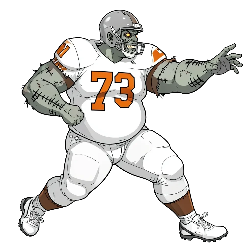 An original anime-style undead lineman in a white jersey numbered 73, grey-green skin and stitched forearms, sliding laterally in a pass-protection stance with one arm punching forward.