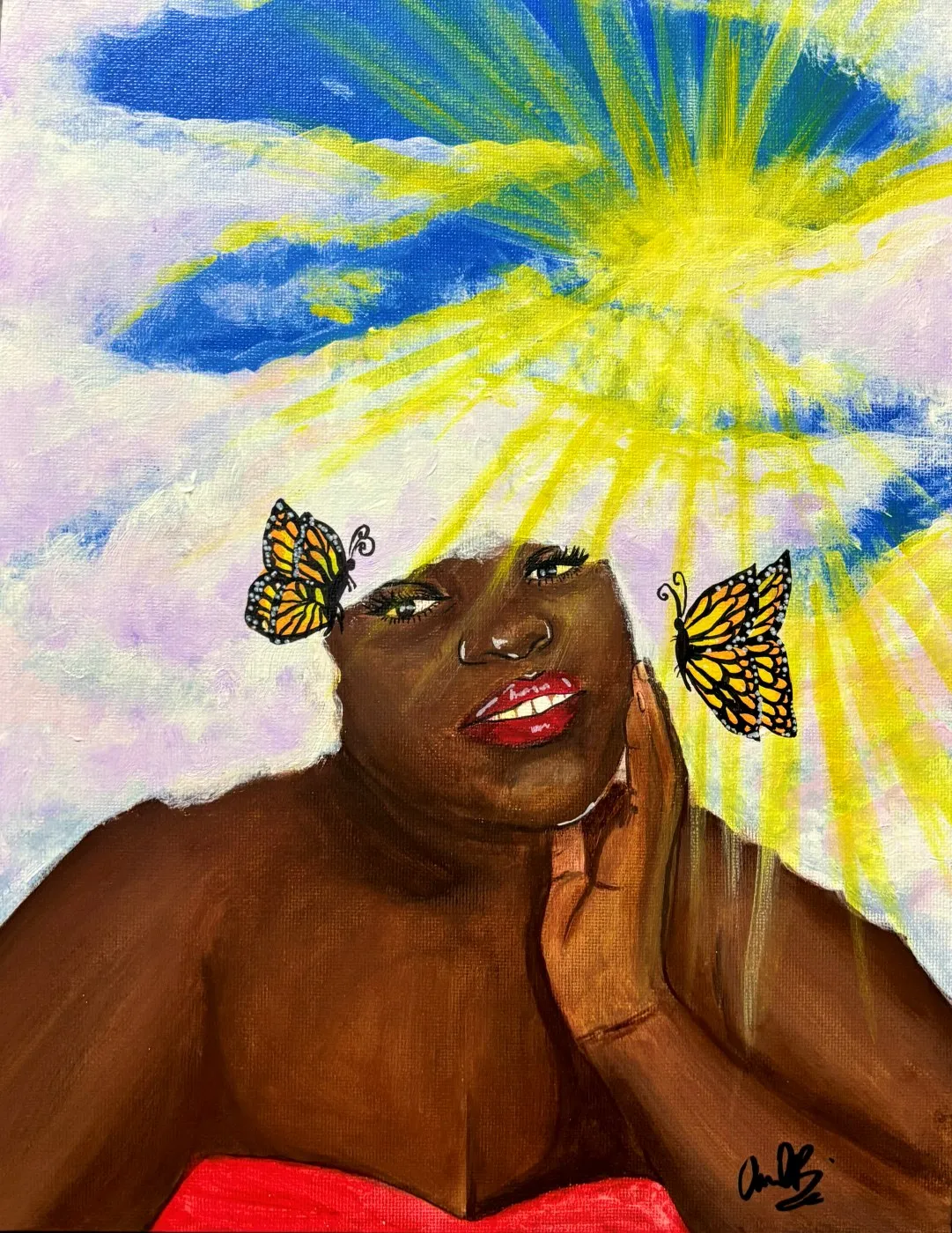 Portrait of a plus-size Black woman from the chest up, in a red top, resting her cheek against her raised hand with her eyes closed and her head tilted back. Two monarch butterflies rest near her face, and a bright sunburst radiates behind her head against a pale blue and lavender cloudy sky.