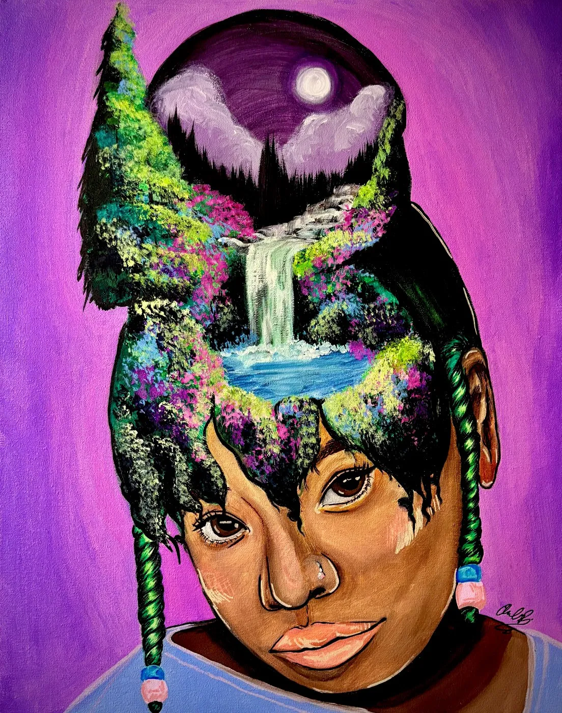 Split-style portrait of a young Black woman with braided, beaded hair pulled into a bun, her face rendered half in full color and half as a black-and-white line drawing. Inside the shape of her upswept hair is a painted landscape — evergreen trees, a waterfall falling into a pool, and a full moon in a purple night sky — set against a solid magenta background.