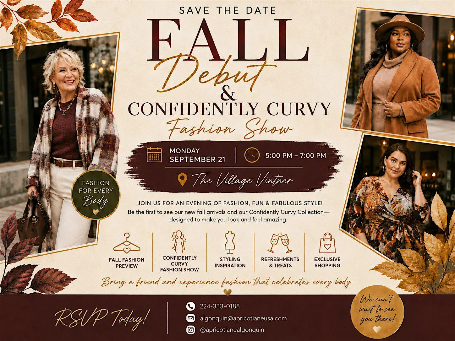 An autumn-toned flyer reading SAVE THE DATE, FALL Debut & CONFIDENTLY CURVY Fashion Show, Monday September 21, 5:00pm–7:00pm, The Village Vintner, surrounded by photographs of models in fall outfits and a list of the evening's segments.