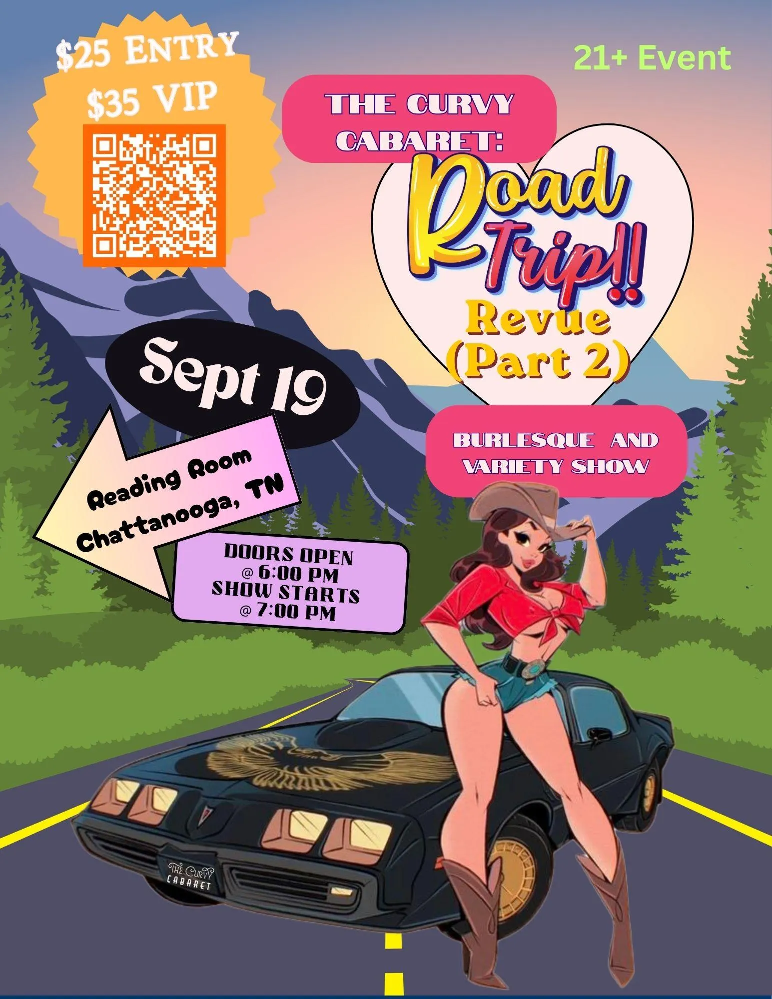 An illustrated flyer in the style of a retro road-trip poster, showing a pin-up figure leaning against a black car in front of mountains, with THE CURVY CABARET: Road Trip!! Revue (Part 2), Burlesque and Variety Show, Sept 19, Reading Room Chattanooga TN, doors open 6:00 PM, show starts 7:00 PM, $25 entry, $35 VIP, 21+ event.