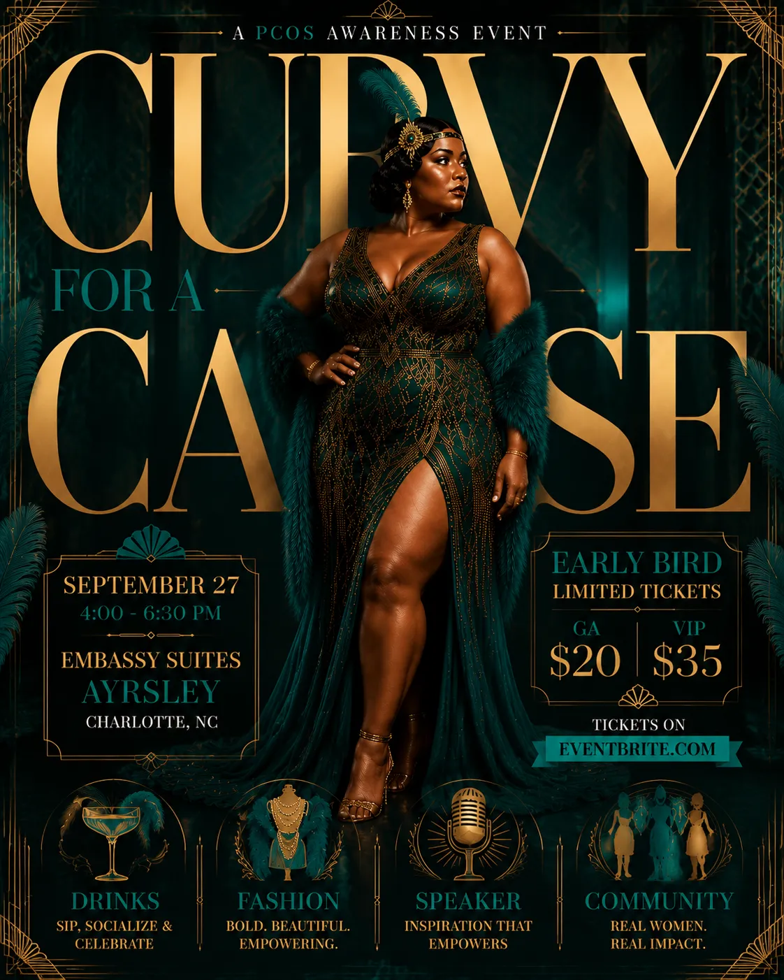 A dark green and gold flyer headed A PCOS AWARENESS EVENT above the words CURVY FOR A CAUSE in tall gold letters, with a plus-size woman in a green fringed gown at the centre, and panels listing September 27, 4:00–8:00pm, Embassy Suites Ayrsley, Charlotte NC, and early bird tickets at $20 general admission and $35 VIP.