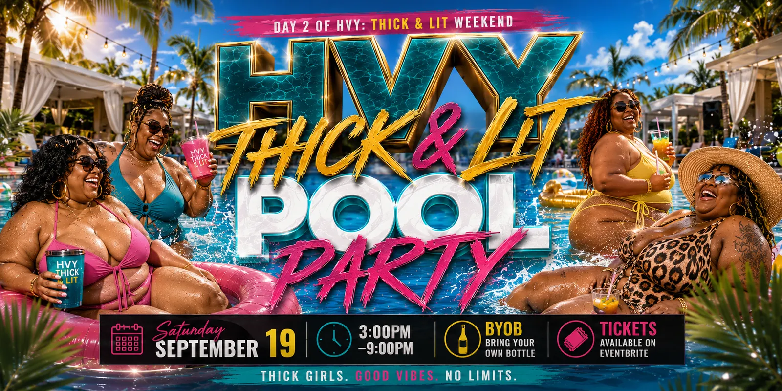 A poolside photo flyer reading DAY 2 OF HVY: THICK & LIT WEEKEND above HVY THICK & LIT POOL PARTY, with plus-size women in swimwear around a pool, and the details Saturday September 19, 3:00PM-9:00PM, BYOB, tickets available on Eventbrite.